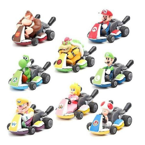 8 st Mario Kart Pull Back Bil, Luigi, Toad, Bowser, Princess Figur Barnleksak