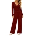 thumbnail image 3 of Women's 2 Piece Lounge Sets Solid Casual Wide Leg Pants Long Sleeve V Neck Top Workout Gym Clothing Comfy, 3 of 7