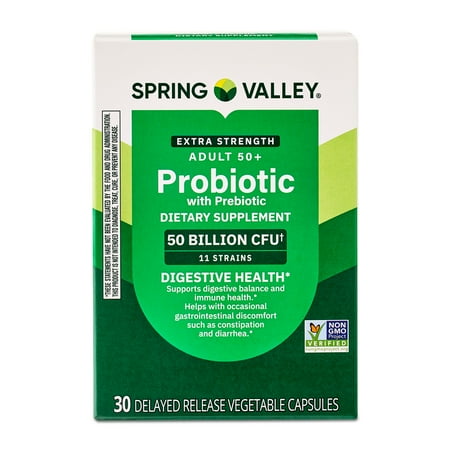 Spring Valley Extra Strength Age 50+ Probiotic with Prebiotic Dietary Supplement Delayed Release Vegetarian Capsules for Digestive Health, 30 Count