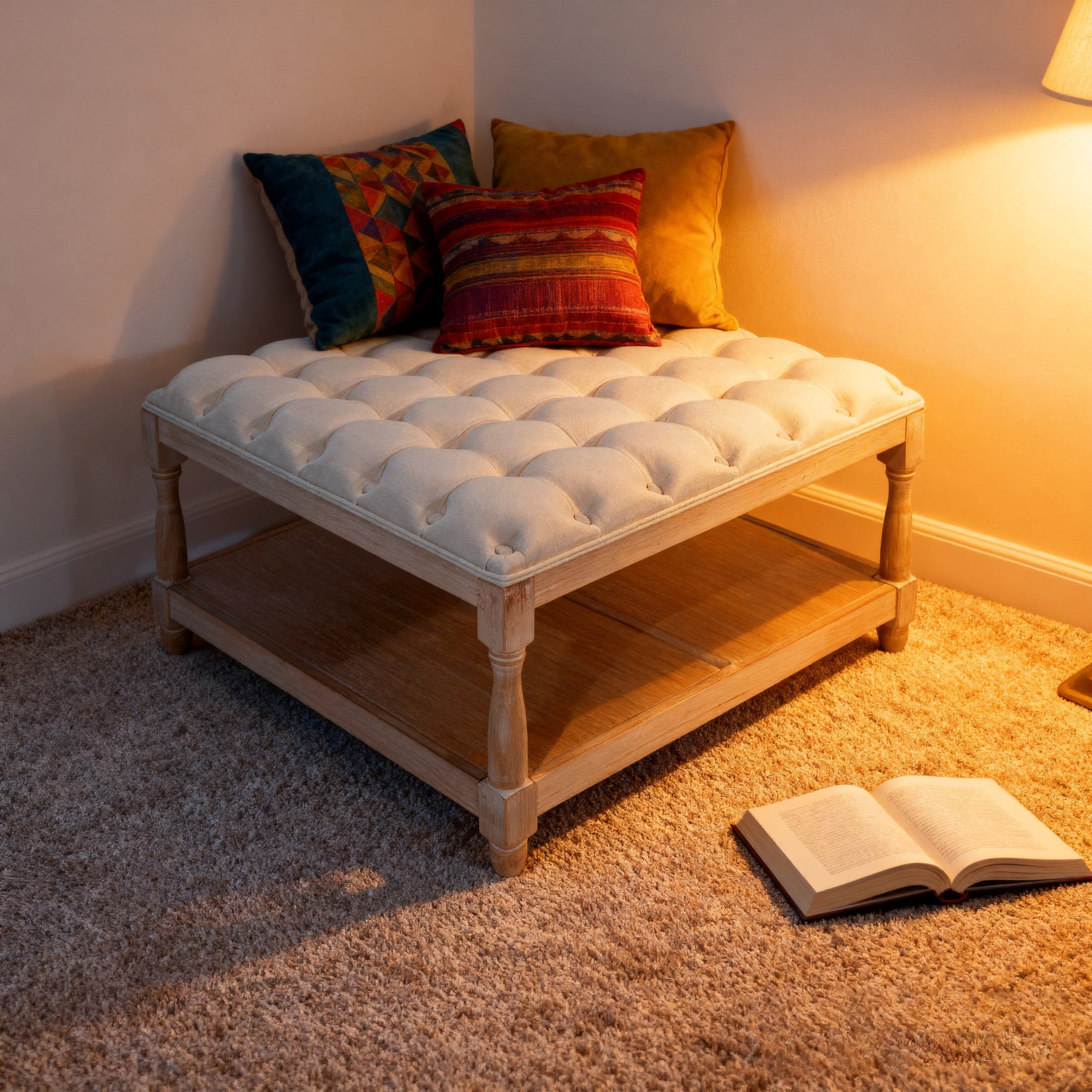 Noble House 33" Large Square Tufted Storage Ottoman Coffee Table with Storage Shelf and Solid Wood Base, Beige