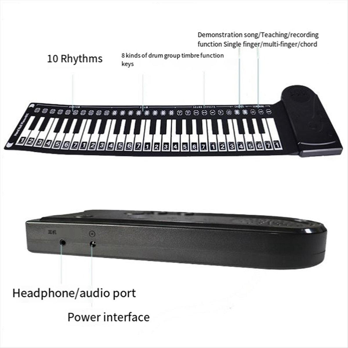 49-Key Hand-Rolled Piano with Speaker Portable Folding Children'S Piano Beginner Piano Teaching Instrument White
