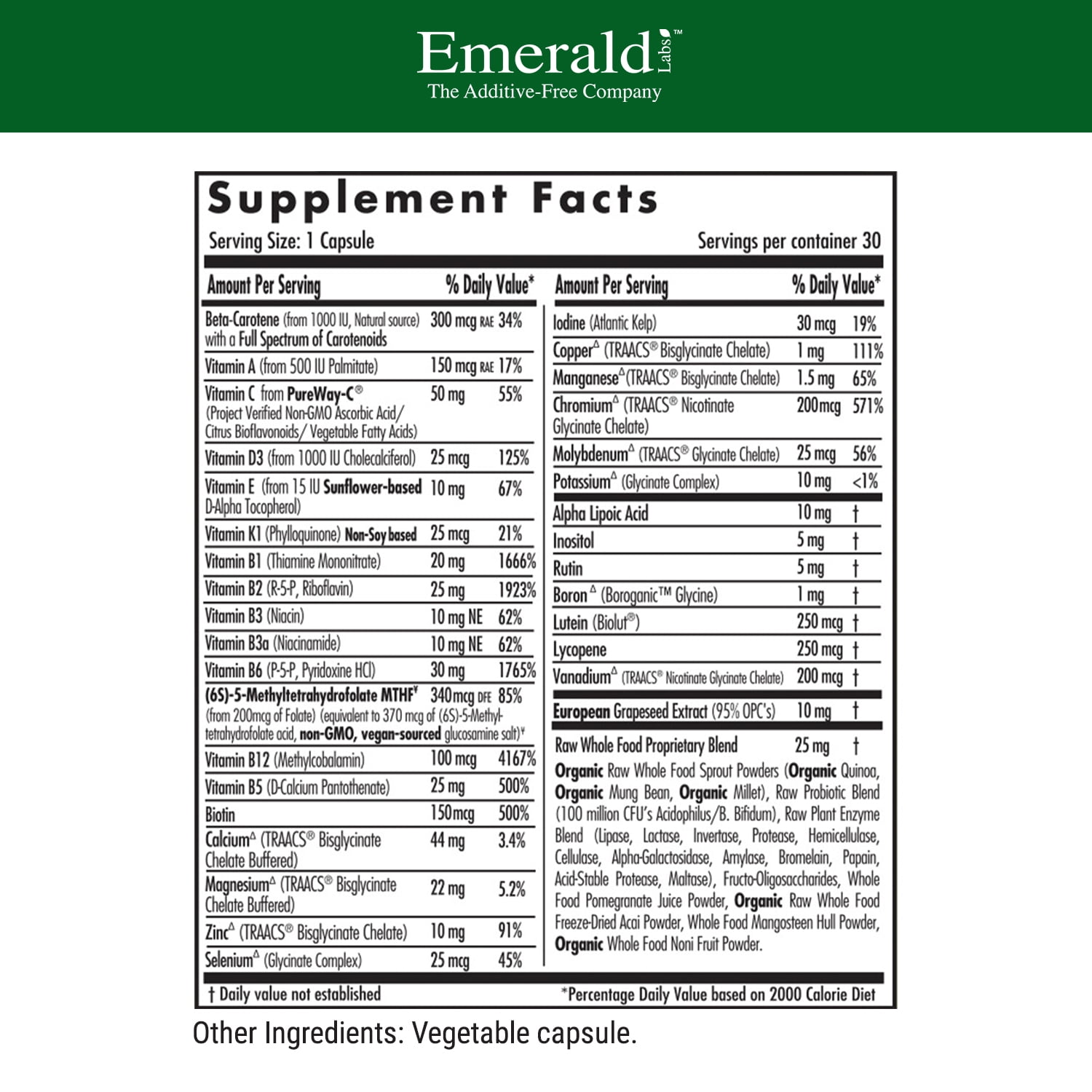 Emerald Labs Women's 1-Daily Multi - Complete Daily Multivitamin with Vitamin B, Calcium, Grapeseed Extract to Support Adrenal Function, Energy Levels, Hormonal Support - 30 Vegetable Capsules