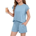 thumbnail image 2 of Girls 2 Piece Outfits Set Solid Color Round Neck Short Sleeve Top and Drawstring Shorts Set Summer Casual Loungewear Comfortable Clothing Sets with Pockets, 2 of 9