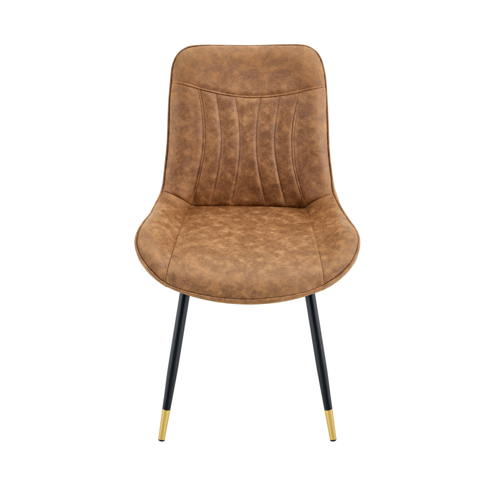 Leumius Dining Chairs Set of 2, Tech Fabric Upholstered Dining Chairs with Semi-Gloss Black Metal Legs, Gold-Trimmed Adjustable Non-Slip Feet, Vertical-Stitched High Back for Dining Room Brown