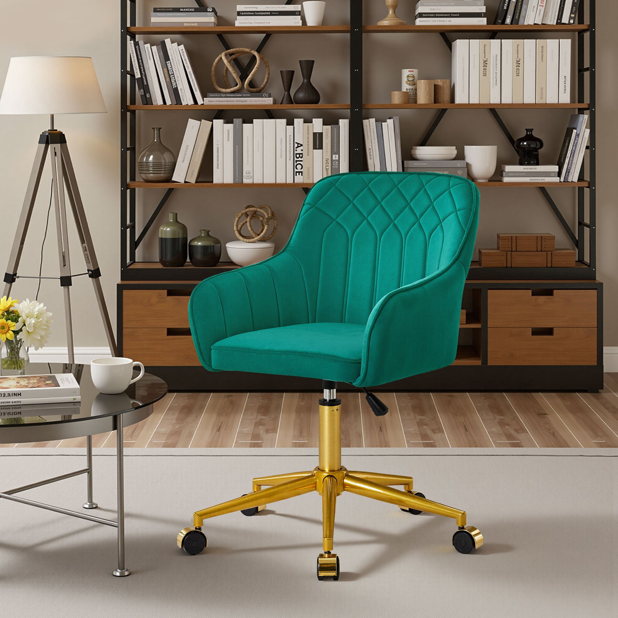 VECELO Modern Velvet Accent Chair, Upholstered Swivel Desk Chair with Gold Base, Adjustable Height Vanity Chair with Wheels for Study, Living Room, Bedroom, Green