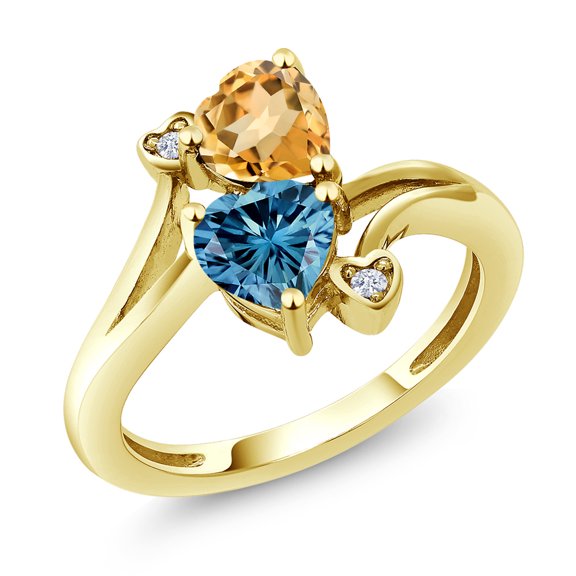 Gem Stone King 10K Yellow Gold Fashion Right-Hand Ring Heart Shape Yellow Citrine and Vivid Persian Blue Moissanite (1.48 Cttw, Size 5)