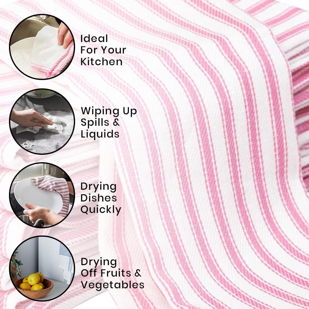 Cotton Carnival Set of 6 Kitchen Dish Towels, 100% Cotton Kitchen Towels, with Hanging Loop, Dishcloth Sets for Washing & Drying Dishes, Tea Towels & Hand Towels 18x28, French Stripe, Pink