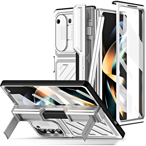 Case for Samsung Galaxy Z Fold 5, Heavy Duty Rugged Shockproof Full Protective Phone Cover, Build-in S Pen Holder Camera Protection and Kicstand (Silver)