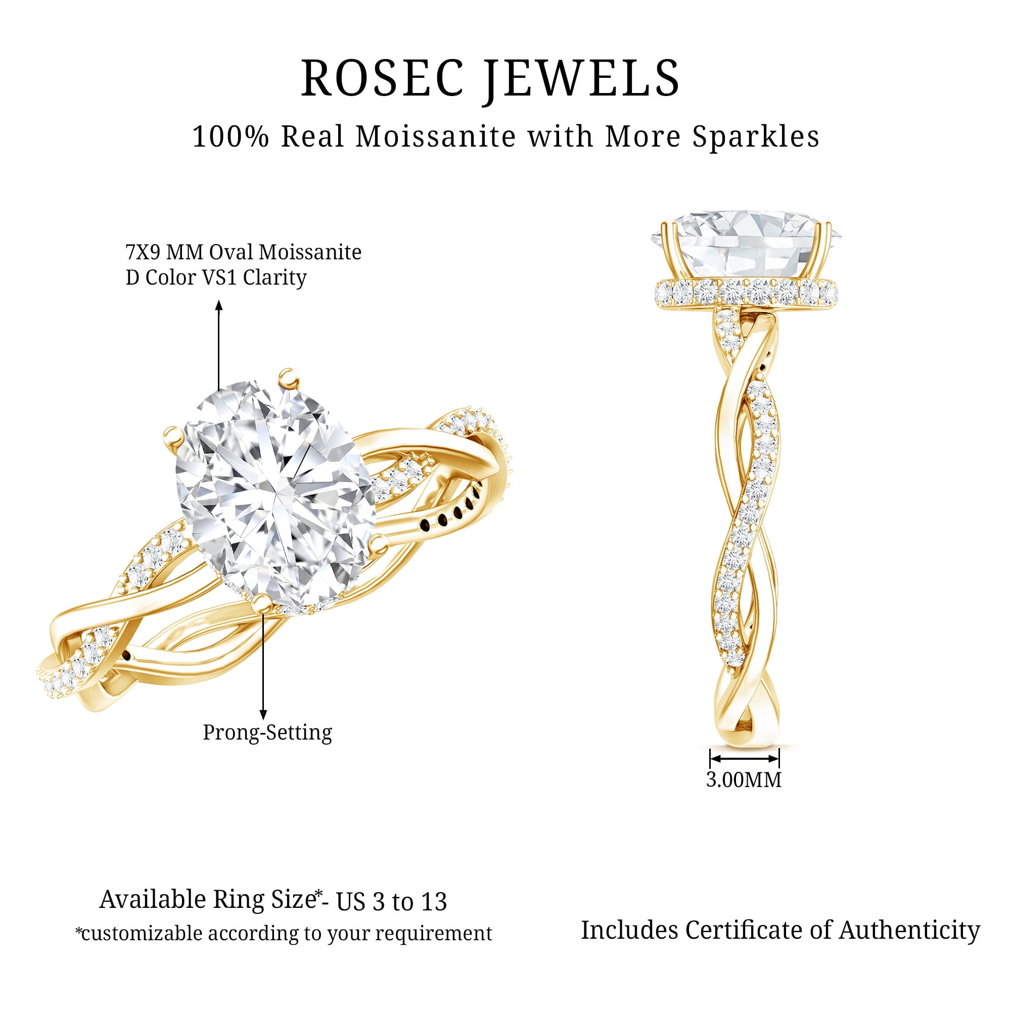 Rosec Jewels Oval Moissanite Hidden Halo Engagement Ring for Women (7X9 mm - 2 Ct - D-VS1 Grade), 10K Yellow Gold, US 6.00