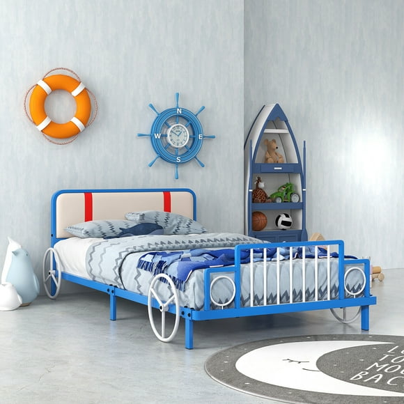 Gymax Twin Size Kids Bed Frame Car Shaped Metal Platform Bed w/ Upholstered Headboard