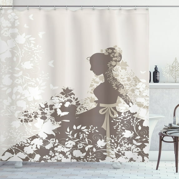 Vintage Woman Shower Curtain, Wedding Theme Background with Flowers Bouquet and Bride Silhouette, Fabric Bathroom Set with Hooks, 69W X 84L Inches Extra Long, Taupe Eggshell White, by Ambesonne