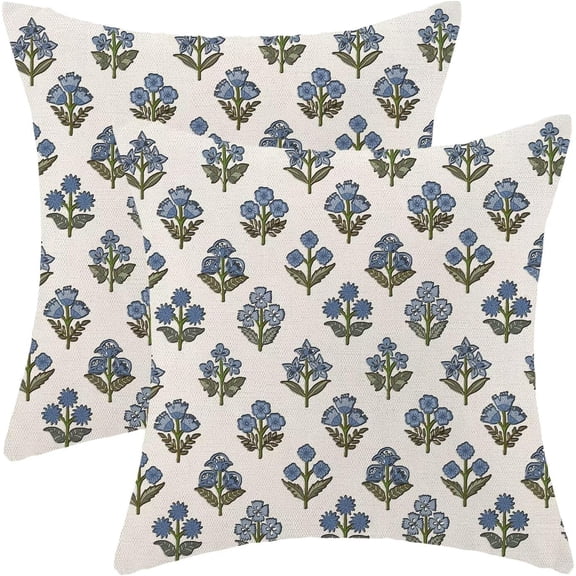 Spring Green Blue Flower Pillow Covers 18x18 Set of 2, Floral Throw Pillow Covers Flower Farmhouse Outdoor Linen Block Print Decoration Cushion Cover for Sofa Couch Decor