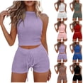 thumbnail image 2 of Womens Two Piece Outfits Eyelets Shorts Set Sleeveless Crewneck Crop Tank Top Going Out Matching Sets, 2 of 6