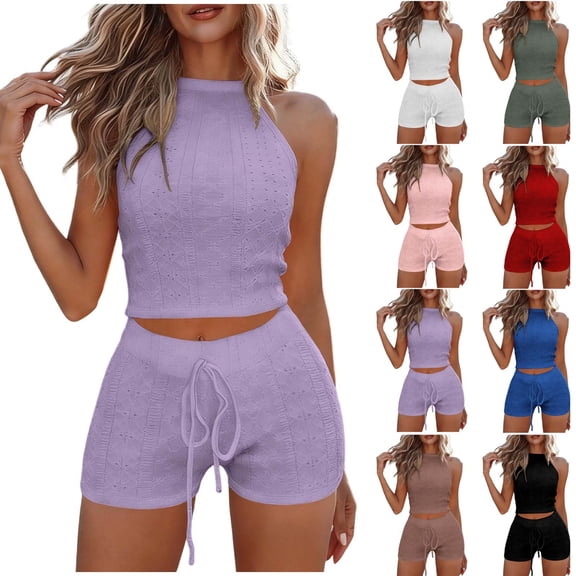 akafmk Women Summer 2 Piece Sets Slim Halters Tied Backless Top and Elastic Waist Drawstring Shorts Set Vacation Fashions Outfits