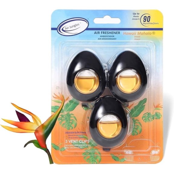 Air Jungles Car Air Freshener Vent Clip 3 Count, Hawaii Mahalo Scent, 4 ml Each, Long-Lasting Car Odor Eliminator, Easy Clip-On Design, Up to 90 Days Freshness for Cars, Trucks, and SUVs