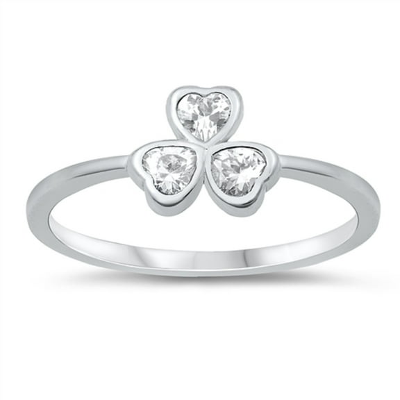 Bezel Set Clear CZ Clover Ring Sterling Silver Size 8