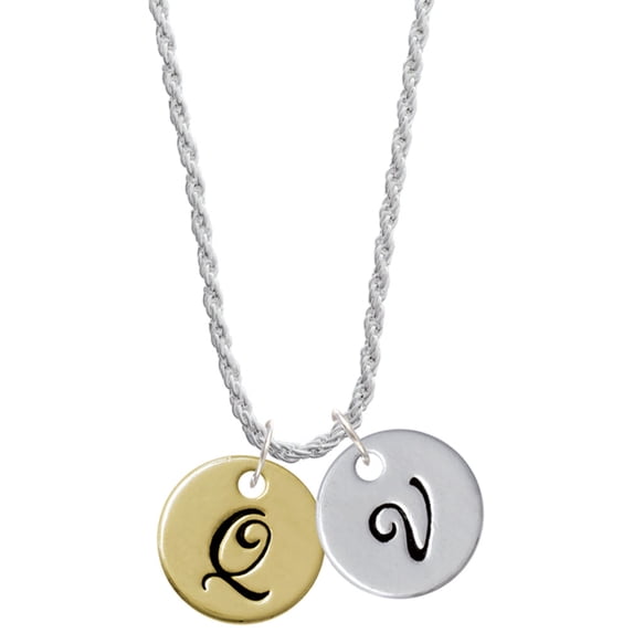 Delight Jewelry Goldtone Large Disc Letter - Q - 3/4'' Silvertone Script Initial Disc - V - Charm Necklace, 20"+3"