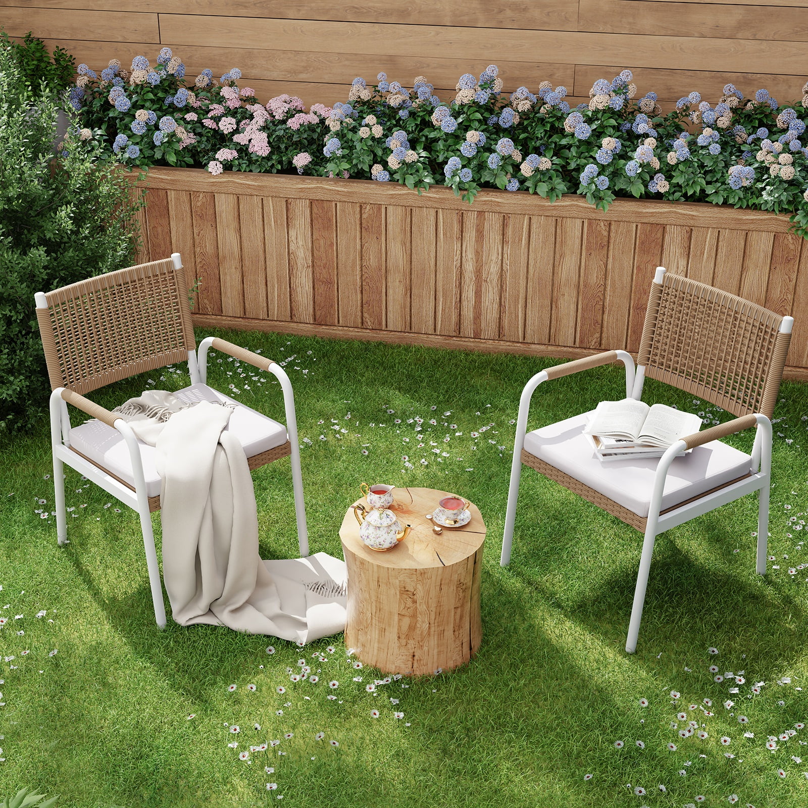 Riedhoff Outdoor Patio Dining Chair Set of 2, with 1.18" Cushions and Armrest, White/Brown