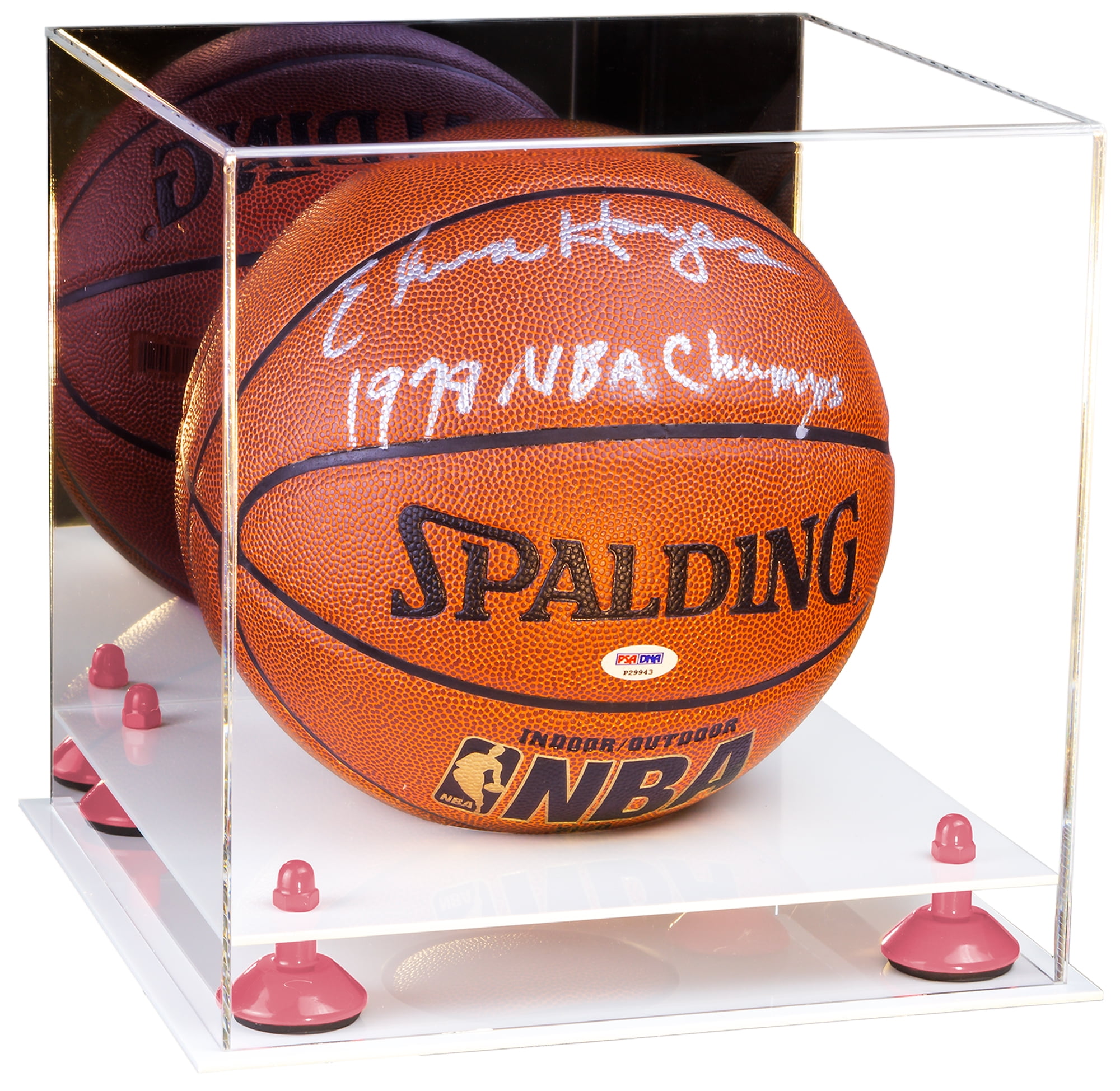 Acrylic Full Size Basketball Display Case with Mirror, Pink Risers and