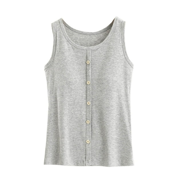Kaemgyyd Hauts d'Été pour Femmes Doux Confortable Sans Manches Col Rond Chemise de Pyjama Couleur Unie Bouton Basique Décontracté avec Soutien-Gorge Intégré