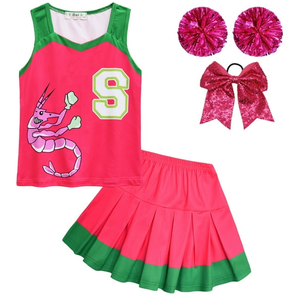 Girls Cheerleader Costumes Skirt Set Zombie Cosplay Hair Bow Pom Poms Dress Up