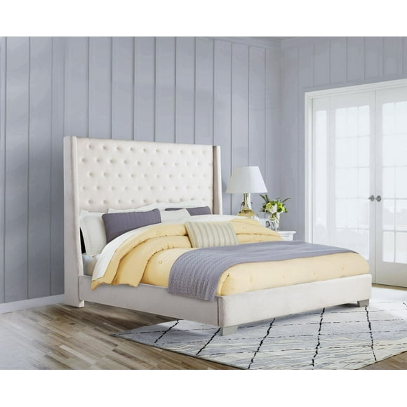 K-Living Daria Boucle Fabric Upholstered King Size Bed in Beige Color