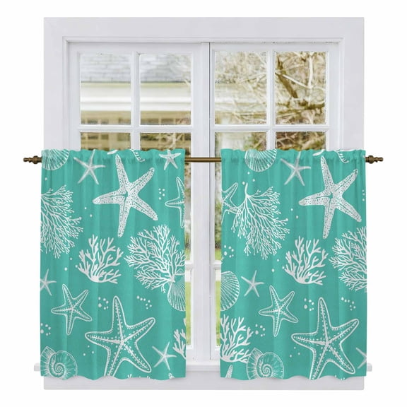 Teal Coastal Tier Curtains 54 Inch Length, Nautical Beach Starfish Coral Summer Cafe Short Curtains for Bathroom Over Sink, Small Kitchen Curtain Light Filtering Tiered Drapes 2 Panels 27.5"Wx54"L