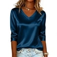 thumbnail image 4 of Women Silk Satin Tops Cap 3/4 Length Sleeve Blouse Summer V Neck Shirts Business Casual Outfits #01Blue S, 4 of 6