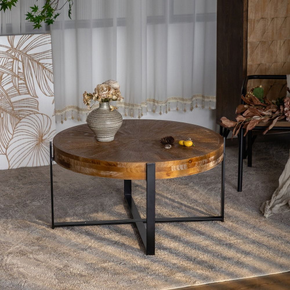 BSHTI 33.46"Retro drawing technology Splicing Round Coffee Table,Fir Wood Table Top with Black Cross Legs Base