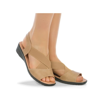 Heel Wedge Sandals - Padded Insole Wedge Heel Stretch Sandals with Elasticized Straps, 6, Tan