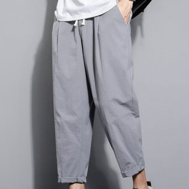 asjyhkr Plus Size Mens Linen Pants Elastic Waist Drawstring Hiking Beach Cropped Pants with Pockets,M-5XL