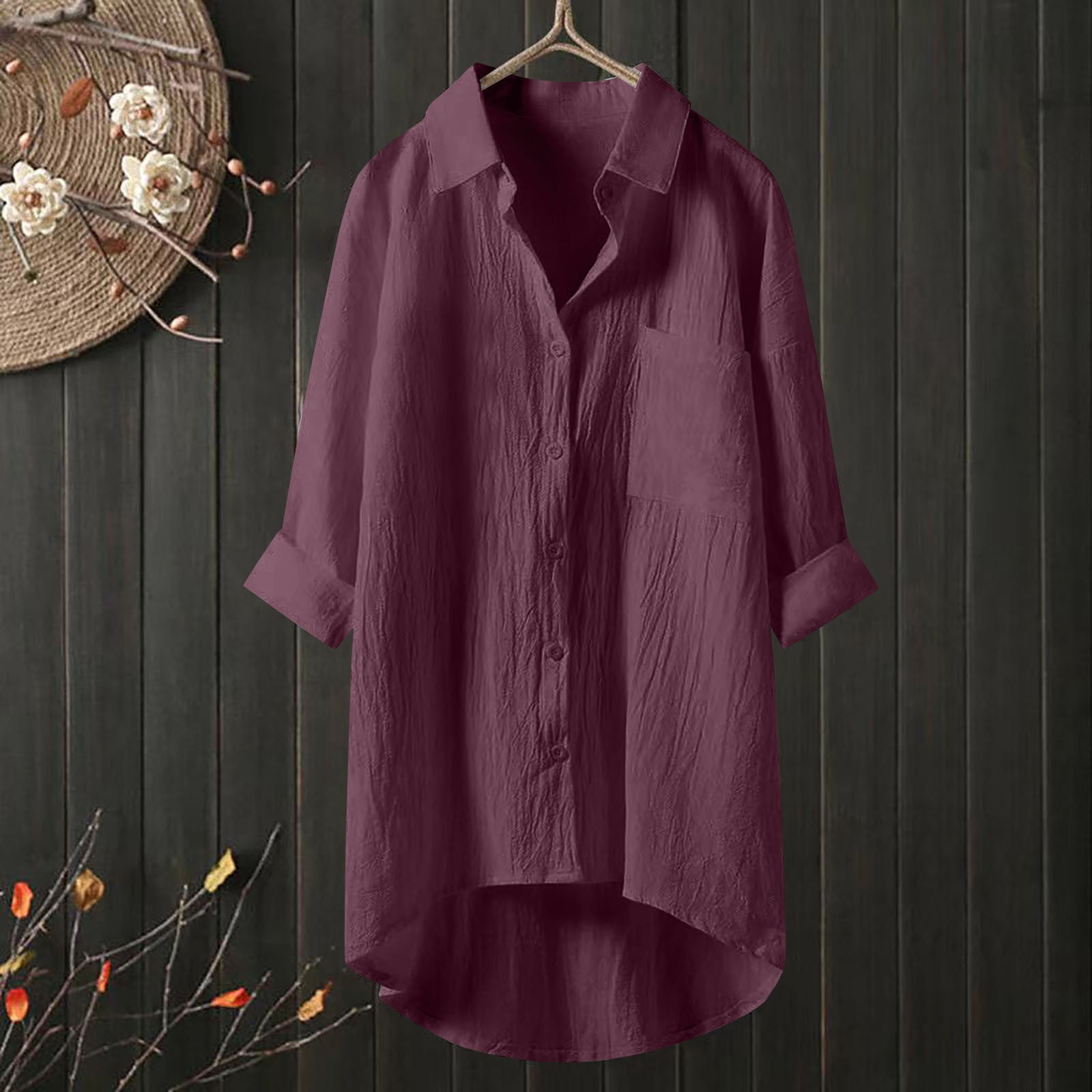 Red Womens Tops Cotton Linen Long Sleeve V Neck Elegant Shirt Tops