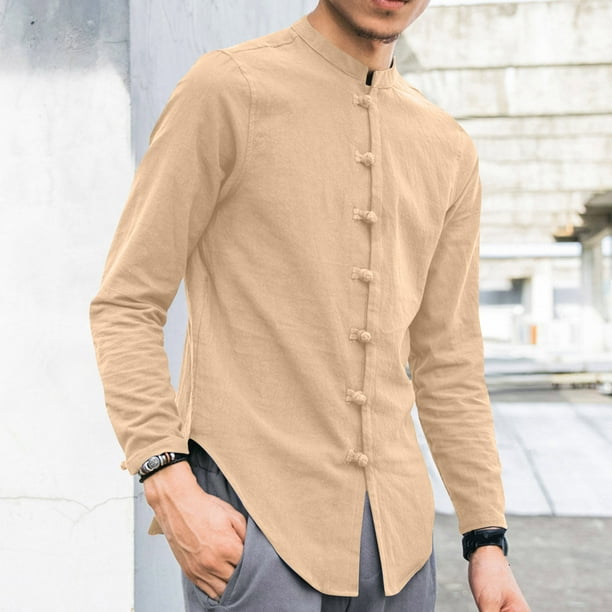 pstuiky Camisas suaves de manga larga para hombre, Camisa informal de manga larga con cuello alto y botones especiales de color sólido para hombre. Tops de hombre xxl