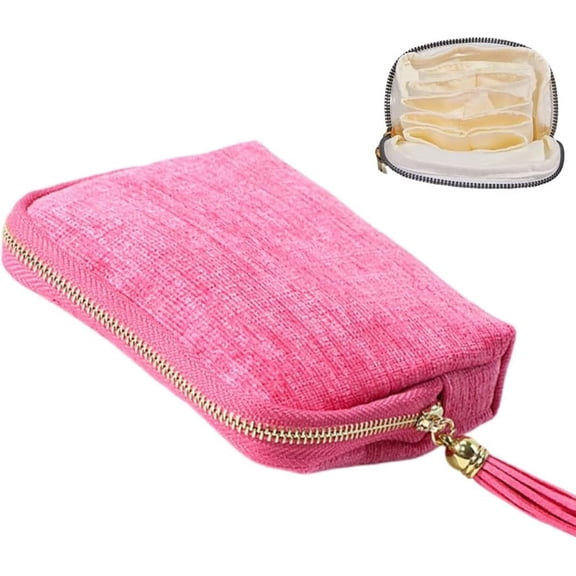 Gettoreach Travel Jewelry Case, Five Compartments with Additional Space on Both Sides, Small Foldable Organizers Pouch with Tassel Zipper for Bracelets, Necklaces, Bangles (Pink)