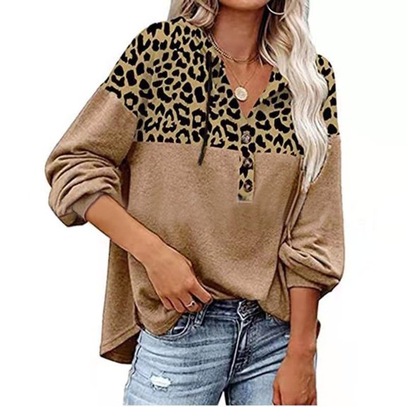 Abcnature Women Hooded Printing Loose Casual Fashion Long Sleeve Leopard Stitching Tops Plus Size Tops for Ladies Autumn Winter Casual Loose Tunic Blouse Khaki S