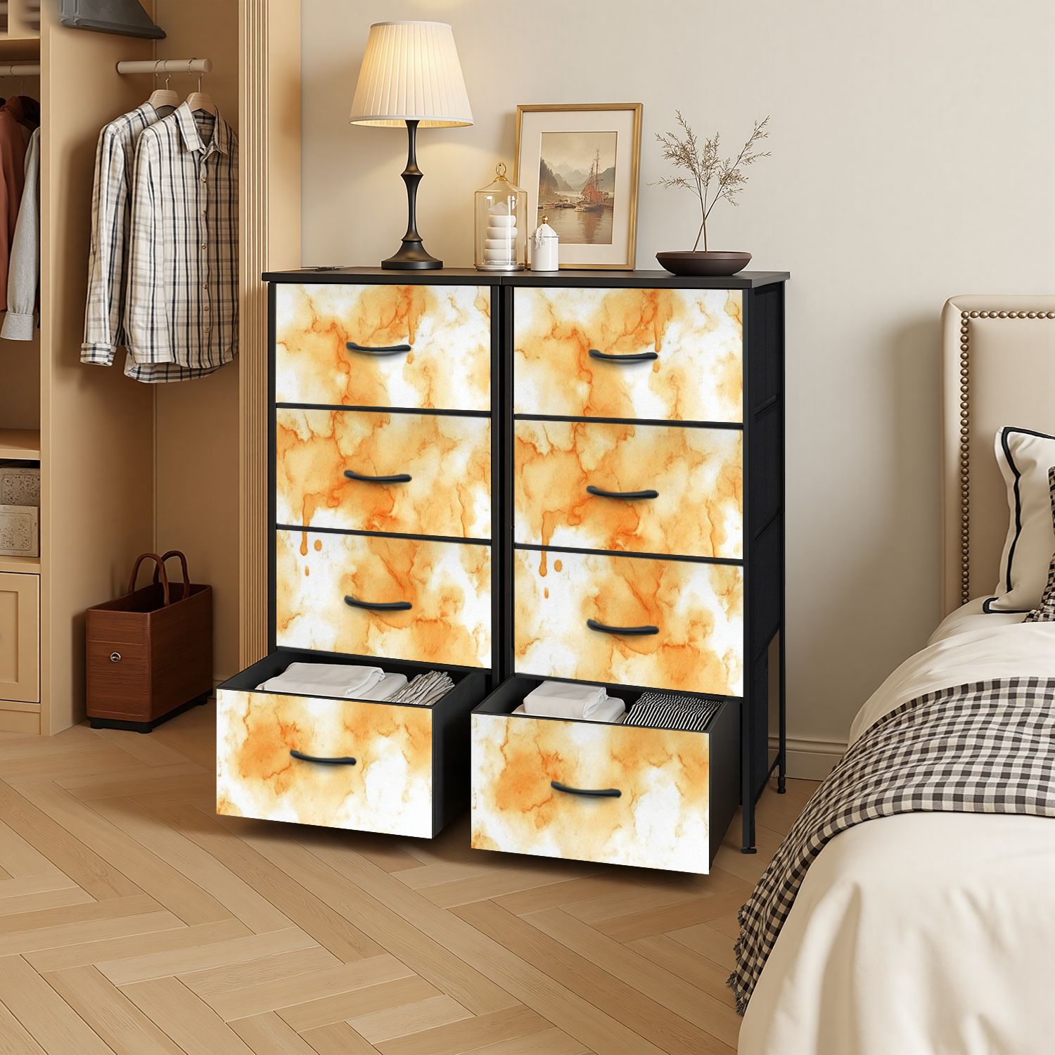 4 Drawer Vertical Storage Dresser Watercolor wash Abstract yellow orange dye spots with Wood Top Fabric Pull Drawers