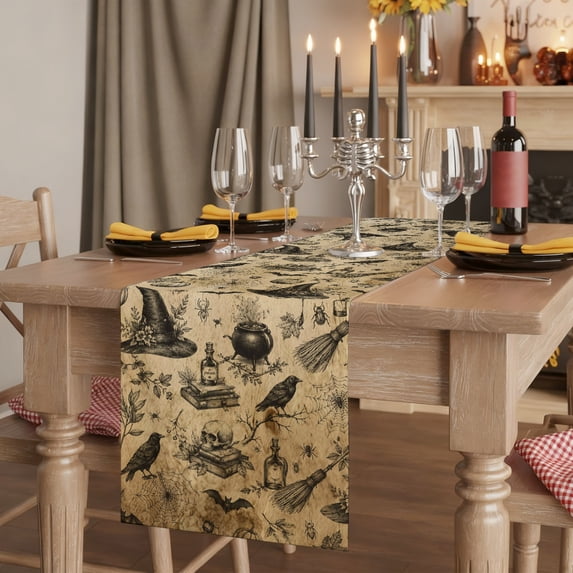 Black White Halloween Table Runner Minimalist Horror Skull Vintage Tablerunners 13 x 108 Inch, Table Decorations Tabletop Scarf for Summer Gathering Holiday Farmhouse Kitchen Dining Decor