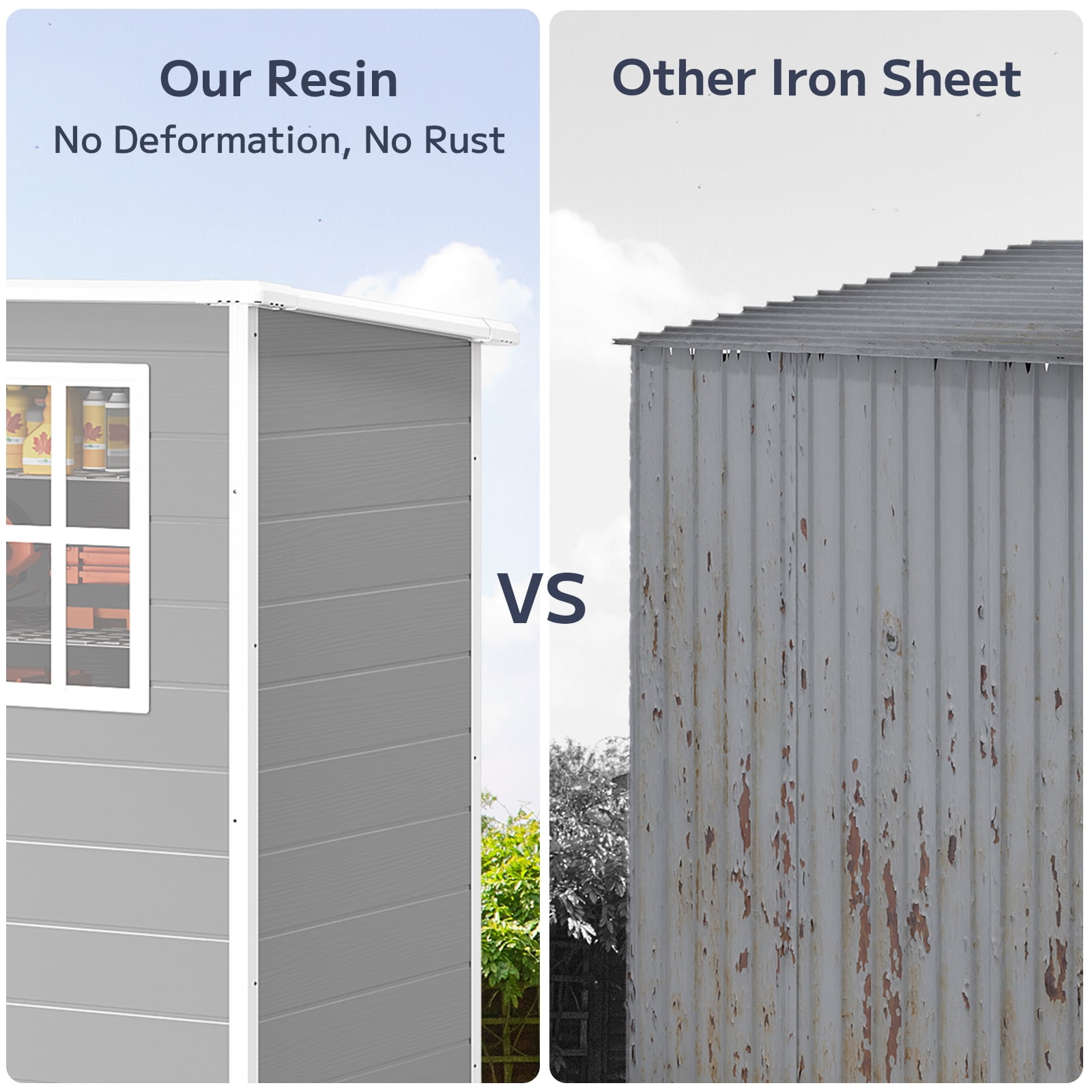 Asofer All-Weather Resin Storage Shed, Weatherproof Plastic Tool Shed with Built-in Floor & Lockable Door, Gray