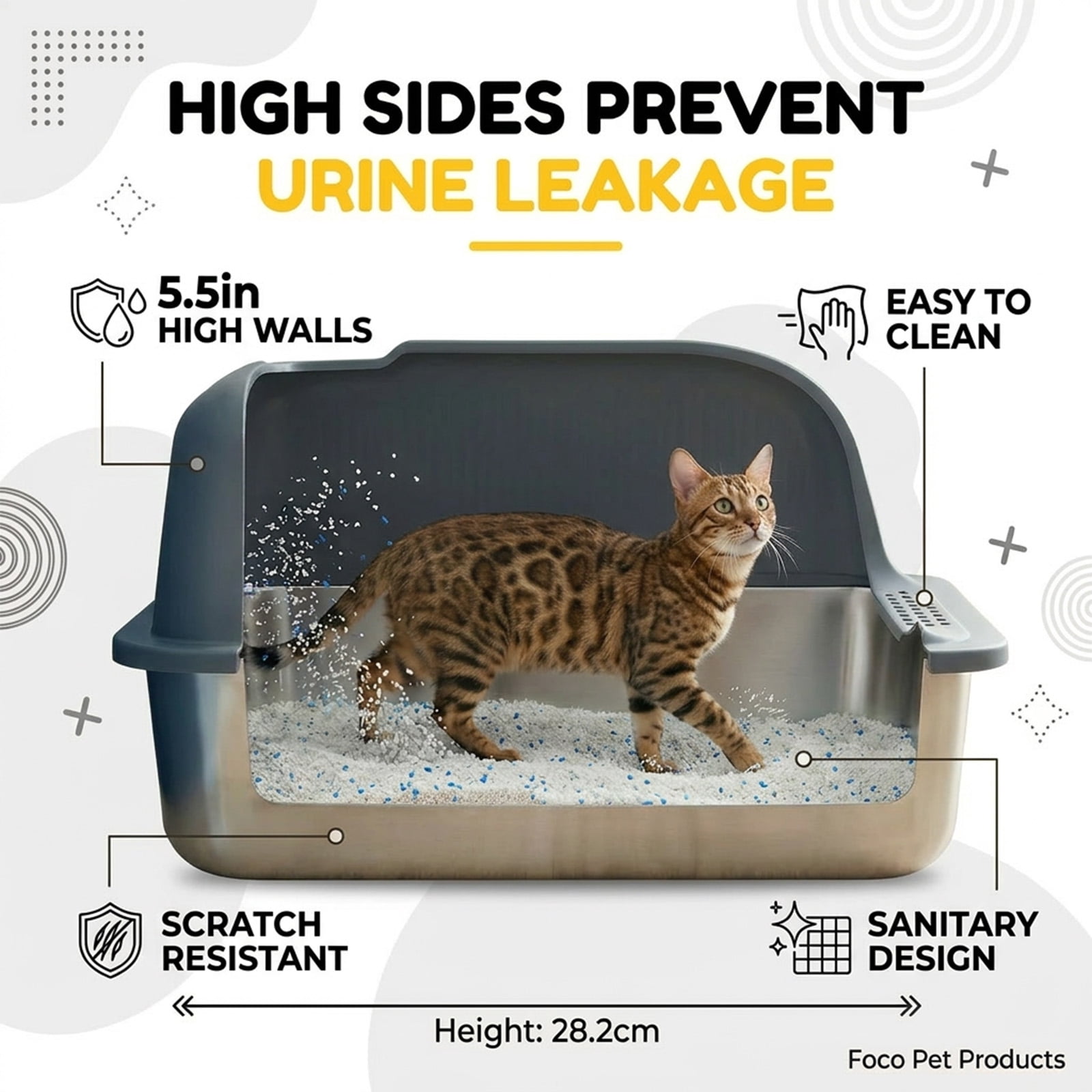 Grey Stainless Steel Cat Litter Box with High Rim Lid, Leak-Proof Indoor Cat Toilet for Small to Medium Cats, Durable Spacious Design with Litter Scoop, Non-Stick Easy Clean Odor & Scratch Resistant