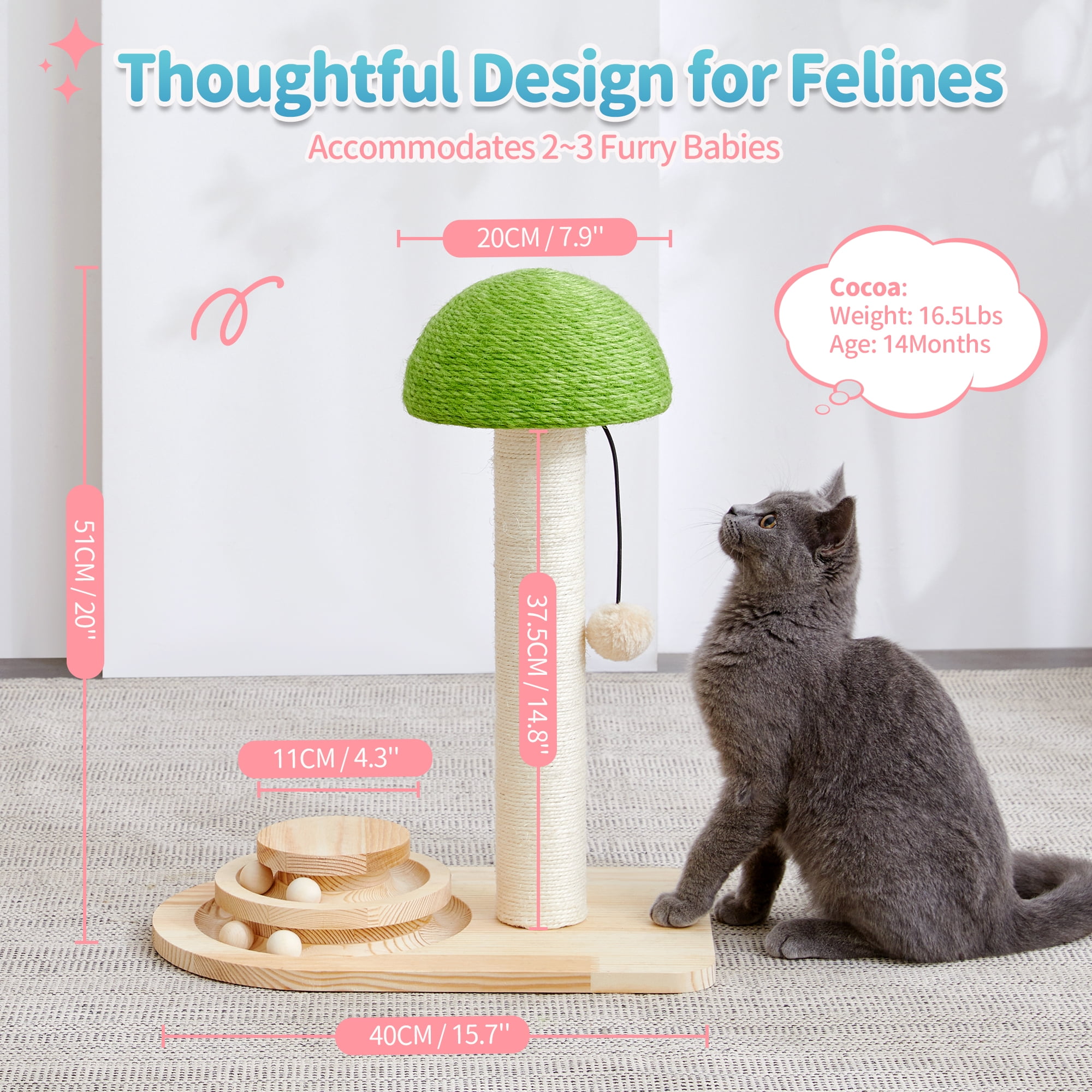 Made4Pets Cat Scratching Post Wood Scratch with Interactive Track Ball Toy, Sisal Ropes and Dangling Cat Toy 20", Green