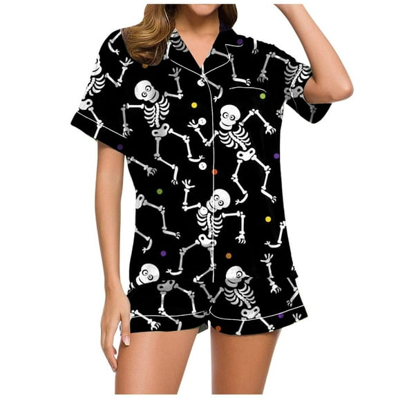 ZHENHONG Pajamas for Women, Halloween Pajamas Graphic Satin Sleepwear Button Down Short Sleeve Shorts Pajamas Set, Women's Sleepwear Black