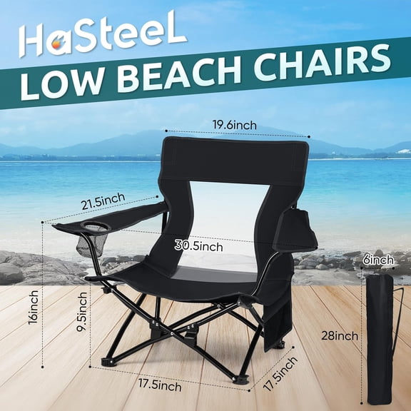 Folding Beach Chair Set of 2, Foldable Black Camping Chairs for Outside, Low Beach Chair Portable for Adults Fishing, Picnic, Outdoor BBQ, Travel, Sports, Cup Holder & Storage Bag