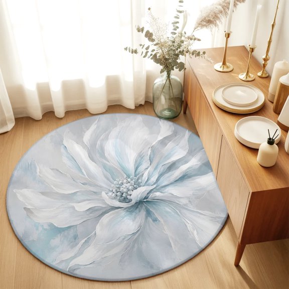 Round Rugs 6Ft, Blue White Floral Round Area Rug Washable Indoor Throw Carpet, Modern Abstract Blooming Flower Artwork Soft Non Slip Circle Rug for Office Cabinet Home Decor Aesthetic