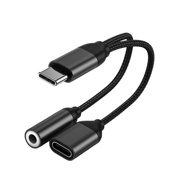 Adaptador de auriculares tipo C a adaptador de cargador de audio de 3,5 mm Cable de carga de audio 2 en 1, negro Vogacara EL001128-02