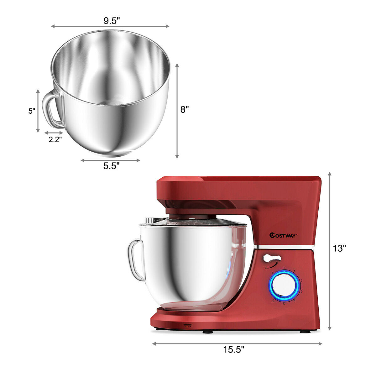 Costway Tilt-Head Stand Mixer 7.5 Qt 6 Speed 660W with Dough Hook, Whisk & Beater Red - image 2 of 10