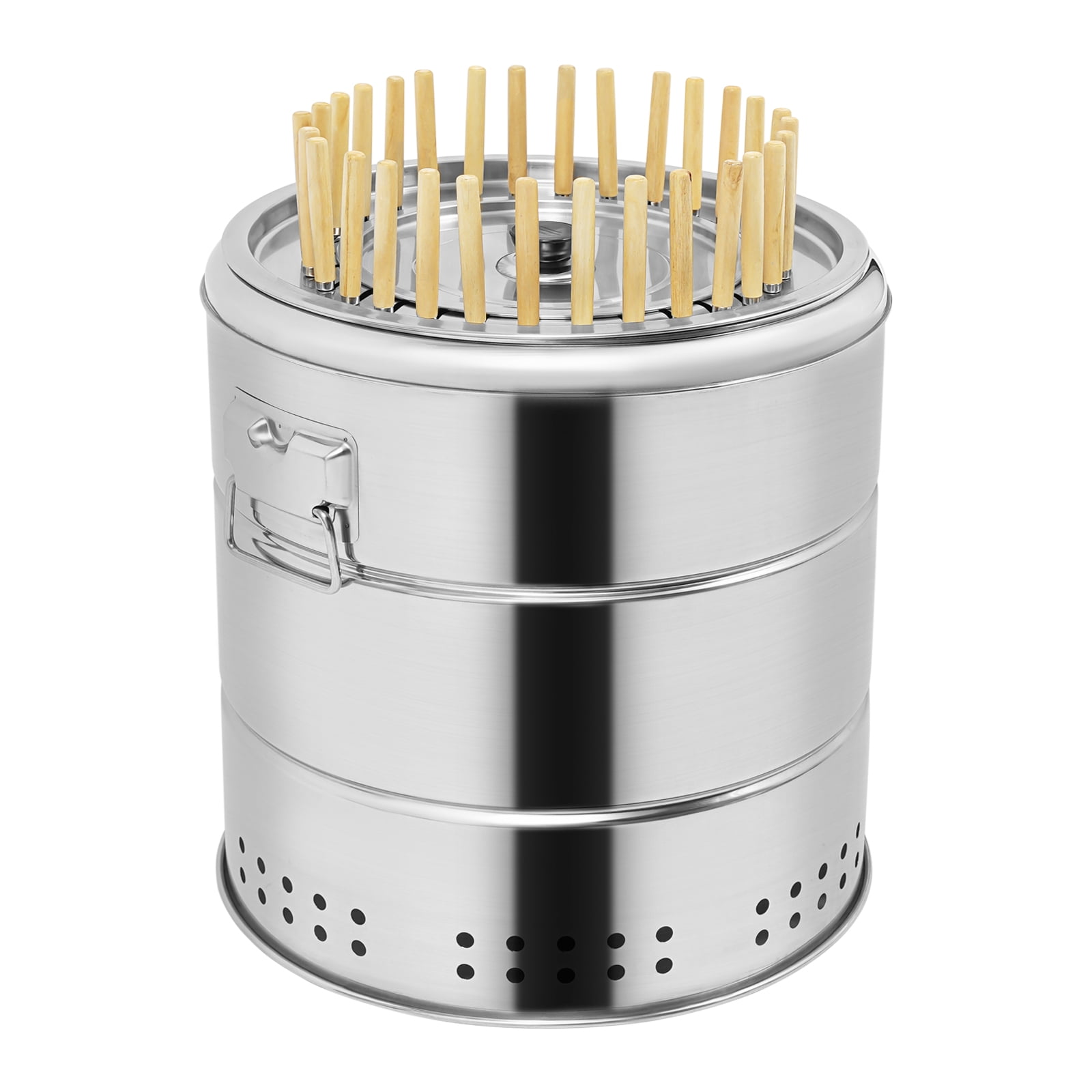 Portable Smokeless Barbecue Charcoal Barrel Grill, Stainless Steel Surround Charcoal Kebab Grill with 30 Skewers and BBQ Grill Cooking Grate, Barbecue Charcoal Barrel Grill