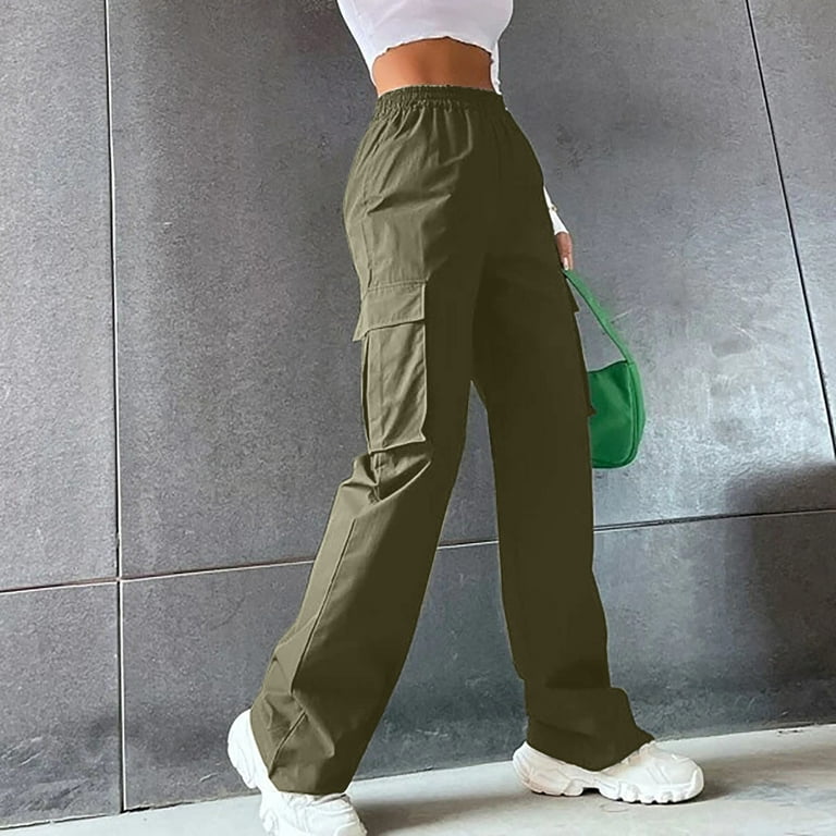 Tdoqot Women's Cargo Pants- Casual Fashion with Pockets High-waisted Wide  Leg Pants Army Green Size M