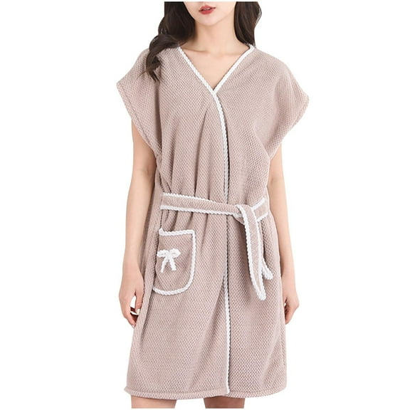 Bcresic Clearance Women's Nightgown Short Sleeves Sleepwear Fuzzy Fleece Bathrobe Ankle Length Sleepdress Dry Quick Bathrobes Comfy Loungewear with Pockets Saving,Khaki,One Size