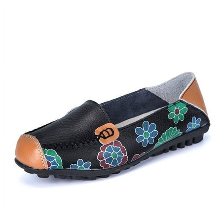 XIDISO Womens Comfortable Leather Floral Print Flats Casual Driving Loafers Walking Shoes