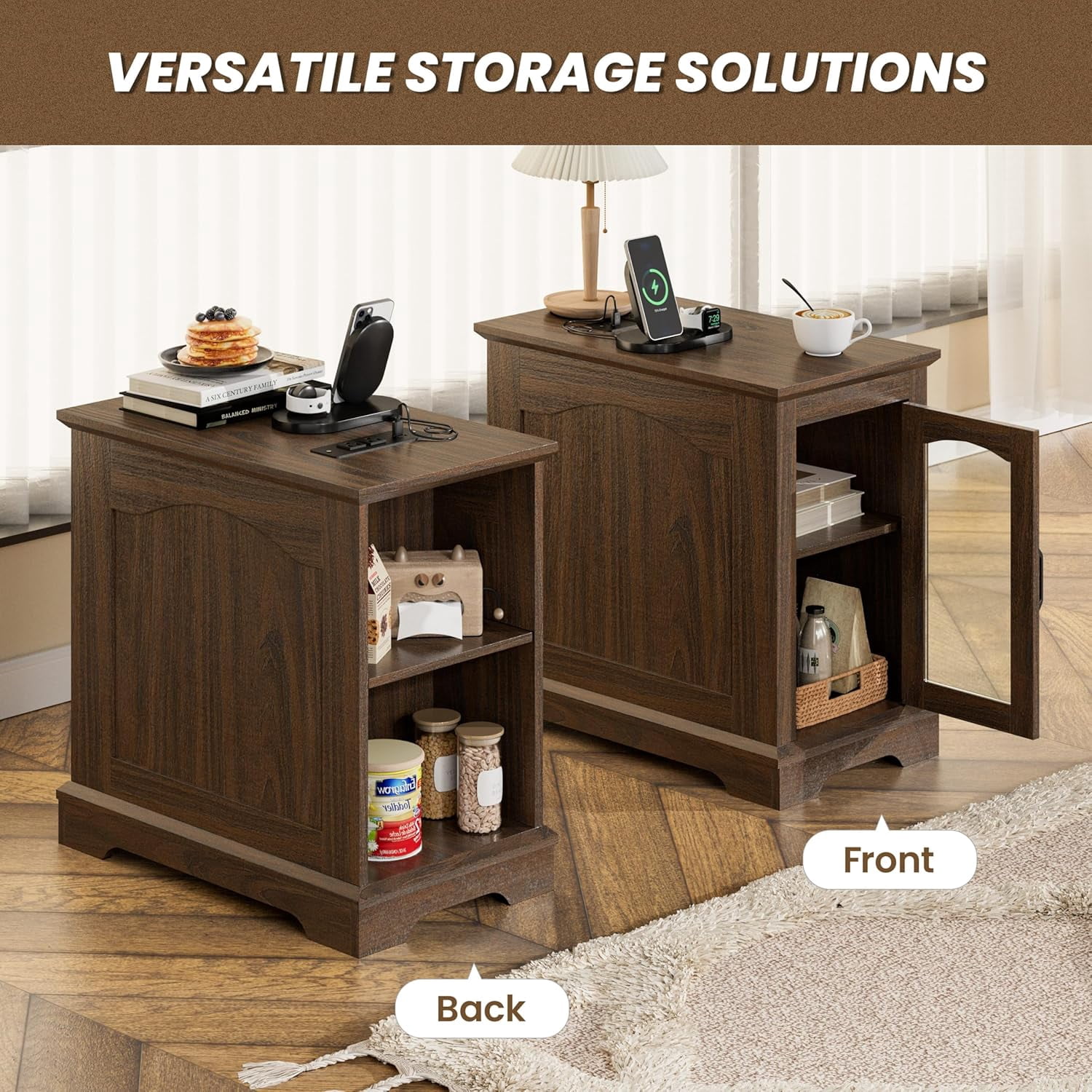 (2 pack) RTC GROUP Narrow Farmhouse End Table with Charging Station, Bedside Table with Storage Cabinet, 2 AC Outlets & 2 USB Ports, Side Table for Bedroom, Living Room, Couch or Sofa, Walnut